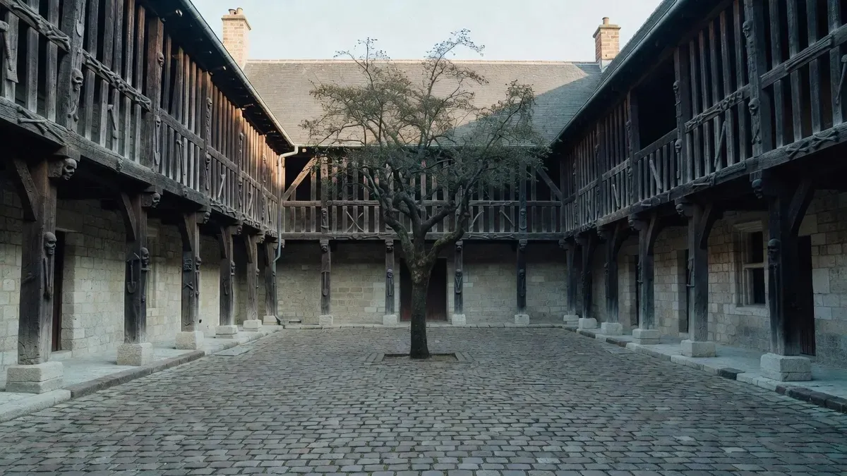 The timber-framed medieval courtyard of the Aître Saint-Maclou plague cemetery visited on a rouen cathedral tour in Rouen, France
