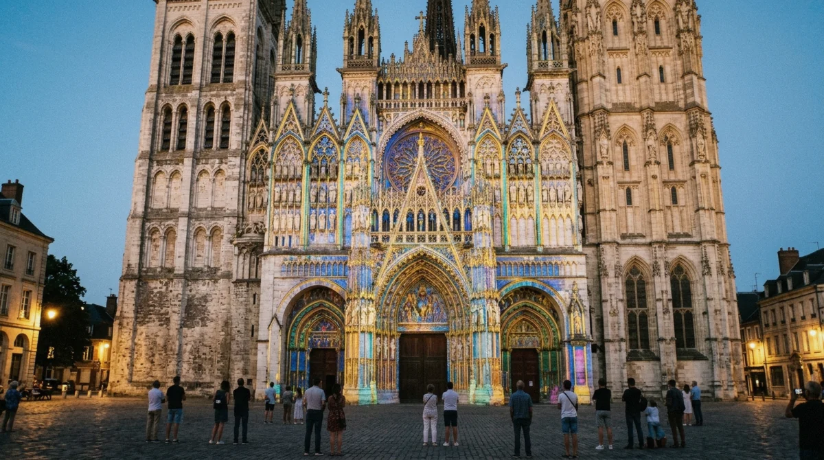 Colourful projections lighting up the west front of Rouen Cathedral during the Cathédrale de Lumière light show