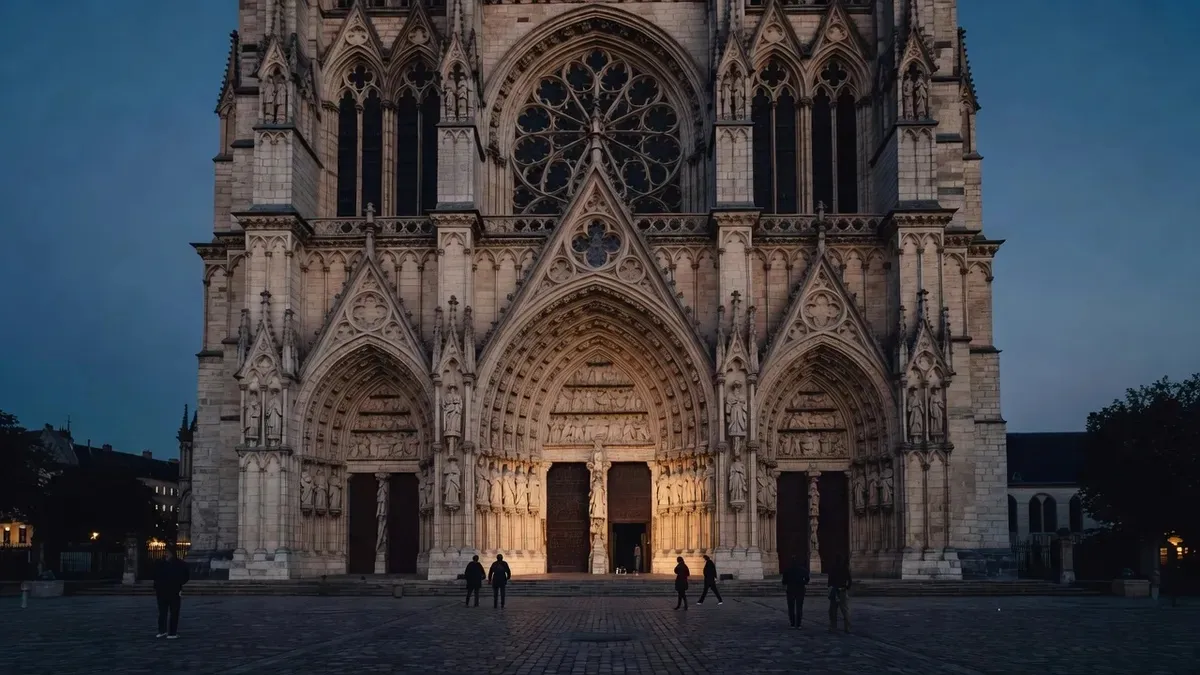 The floodlit flamboyant Gothic west front of Notre-Dame on a rouen cathedral tour in Rouen, France