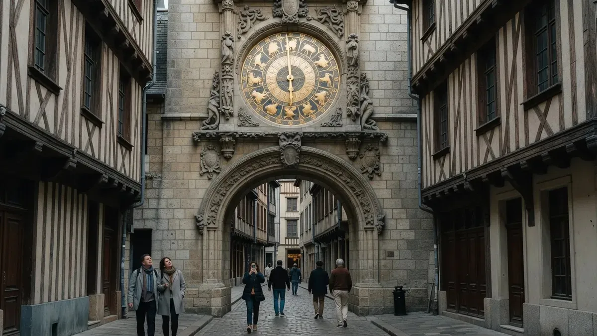 The gilded Renaissance Gros-Horloge astronomical clock over its arched street on a rouen cathedral tour in Rouen, France