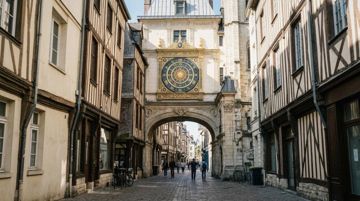 Walking under the Gros-Horloge astronomical clock arch, the centrepiece of a one day in Rouen self-guided route