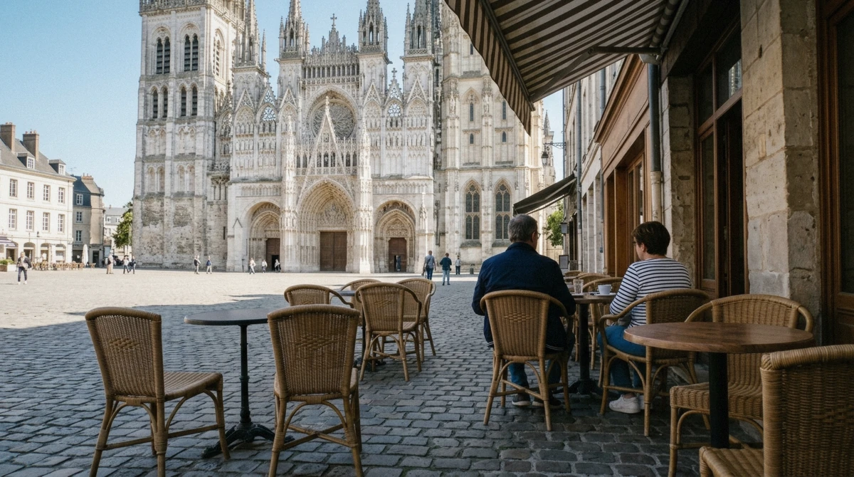 Cafe terrace on the Place de la Cathedrale where visitors wait for the Rouen cathedral light show to begin