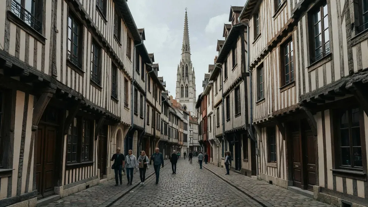 A guide leading visitors down a half-timbered medieval lane toward the cathedral on a rouen cathedral tour in Rouen, France